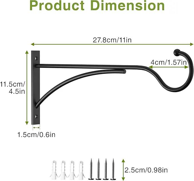 Outdoor Plant Hanging Hooks for Wall: 11 Inch Black Metal Bracket for Hanging Baskets, Bird Feeders, Wind Chimes, Flower Baskets, Yoga Mat, Lanterns. 1 Pack by GreenHaven Gardens
