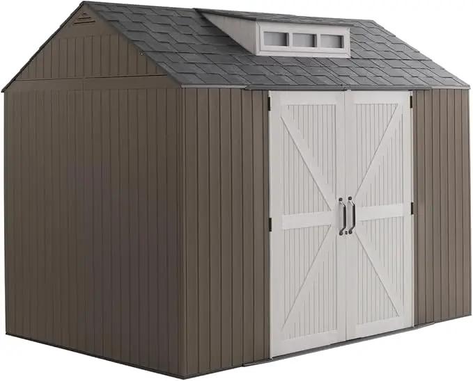 Rubbermaid Extra Large Resin Outdoor Storage Shed With Floor (7 x 10.5 Ft.) Weather Resistant Brown Organization for Home/Lawn Mower/Backyard Equipment/Bike Storage/Pool Supplies by GreenHaven Gardens