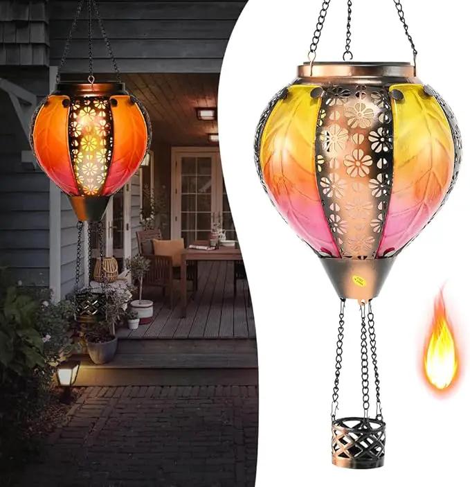 Hot Air Balloon Solar Lantern - Stained Glass Lantern with Simulated Flickering Flame, Outdoor Hanging Yard Light Waterproof IP65 & Weather Resistant for Garden Patio Lawn Porch Decor Gfit by GreenHaven Gardens