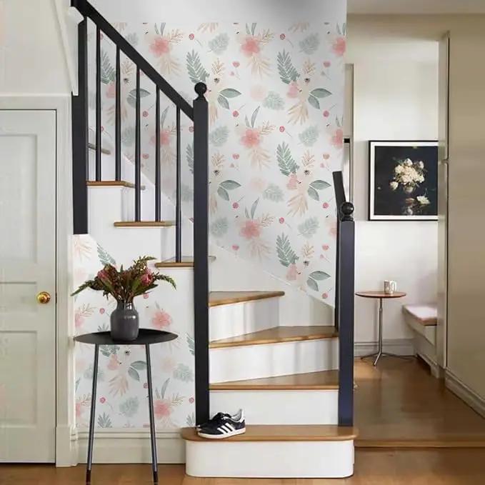Neutral Green Leaves Pink Poppy Floral Peel and Stick Wallpaper Self Adhesive Removable Easy Peel Off Stick on Wall Paper for Bedroom Cabinet Renter by GreenHaven Gardens