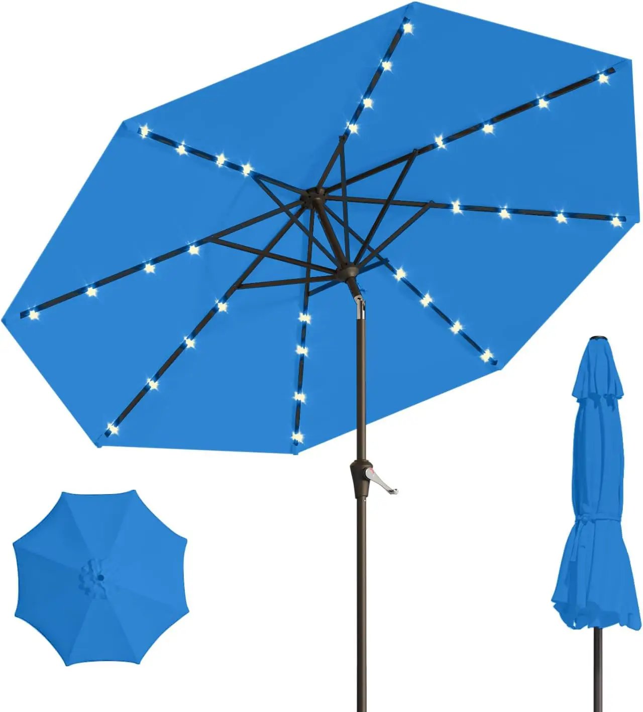 10FT Solar Umbrella 32 LED Lighted Patio Umbrella Table Market Umbrella w/Tilt and Crank, UV-Resistant Outdoor Umbrella for Pool, Garden, Deck, Royal Blue by GreenHaven Gardens