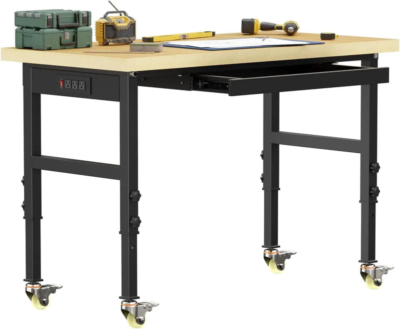 48" Adjustable Workbench, Work Bench Table with Wheels and Power Outlet, Rolling Workbench with Drawers, Large Load Capacity Garage Workbench for Workshop,Office,Home by GreenHaven Gardens