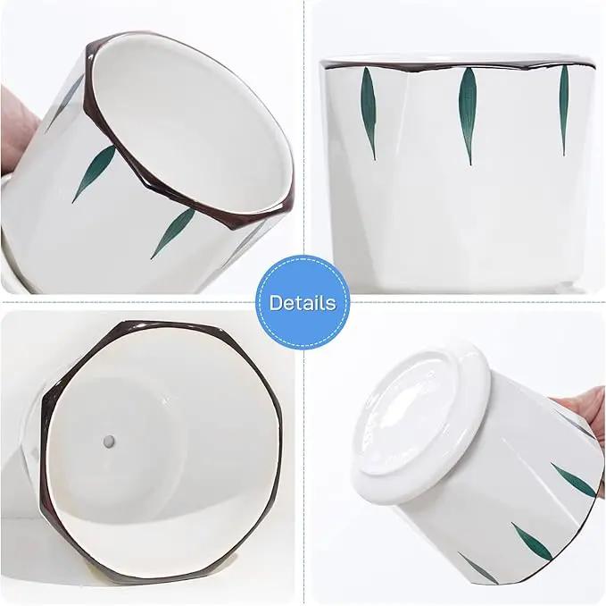 7 5 4 inch Plant Pots for Indoor, Hand Painting Ceramic Flower Planter Outdoor Set of 3 with Drainage and Saucer, Succulent Pots for Mom Family by GreenHaven Gardens
