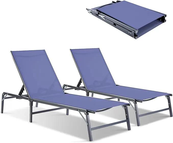 Outdoor Chaise Lounge Chair Set of 2, Foldable & Assemble-Free, 6 Adjustable Positions, Durable Rust-Resistant Frame, Portable Outdoor Pool Lounge Chairs for Pool Patio Beach, Blue by GreenHaven Gardens
