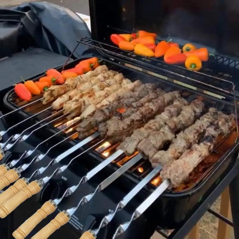 12 Pack Kabob Skewers BBQ Barbecue Skewers Stainless Steel Sticks 22 Inch Heavy Duty Large Wide Reusable with Nonslip Wooden Handle Ideal for Shish Kebab Chicken Shrimp and Vegetables by GreenHaven Gardens