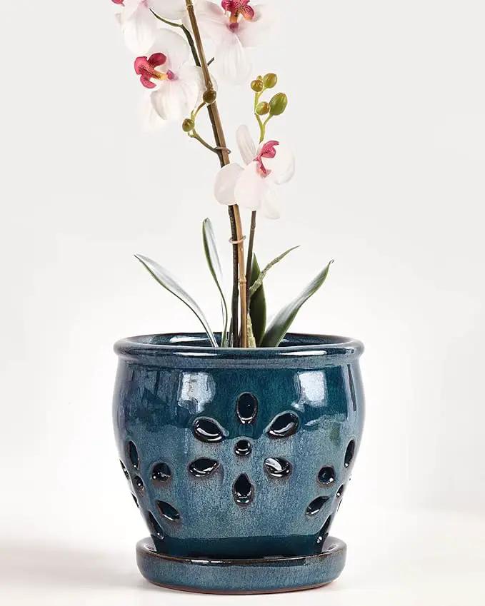 vensovo 5 Inch Ceramic Orchid Pots with Holes and Saucers - 1 Pcs Small Succulent Pot for Repotting, Garden Flowerpots for Plants Indoor and Outdoor Promotes Air Circulation, Blue by GreenHaven Gardens