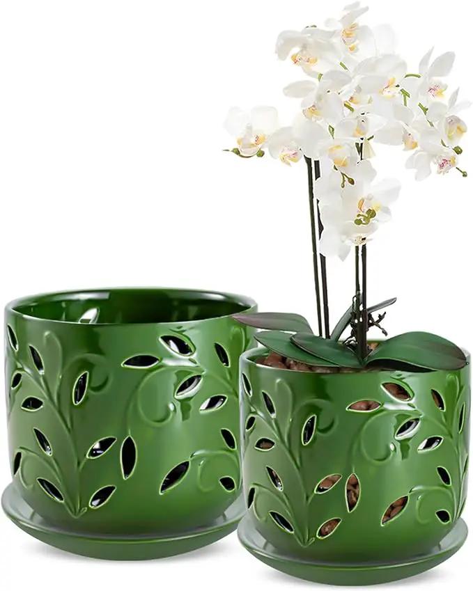 EFISPSS Orchid Pot with Holes, 5+6Inch Ceramic Plant Pots with Drainage Holes and Tray, Promoting Air Circulation and Drainage, Indoor/Outdoor Flower Pots-Green by GreenHaven Gardens