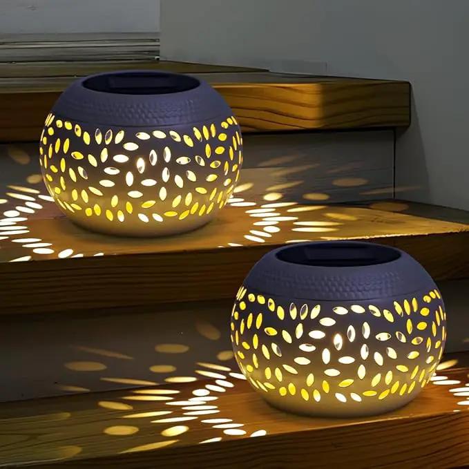 Solar Lantern Outdoor Table Light,2 Pack Solar Lanterns Outdoor Waterproof Decor, Hollow Out Retro White Metal Solar Patio Lights,Yard Porch Garden Balcony Indoor Desk Bedroom Tabletop Decorations by GreenHaven Gardens