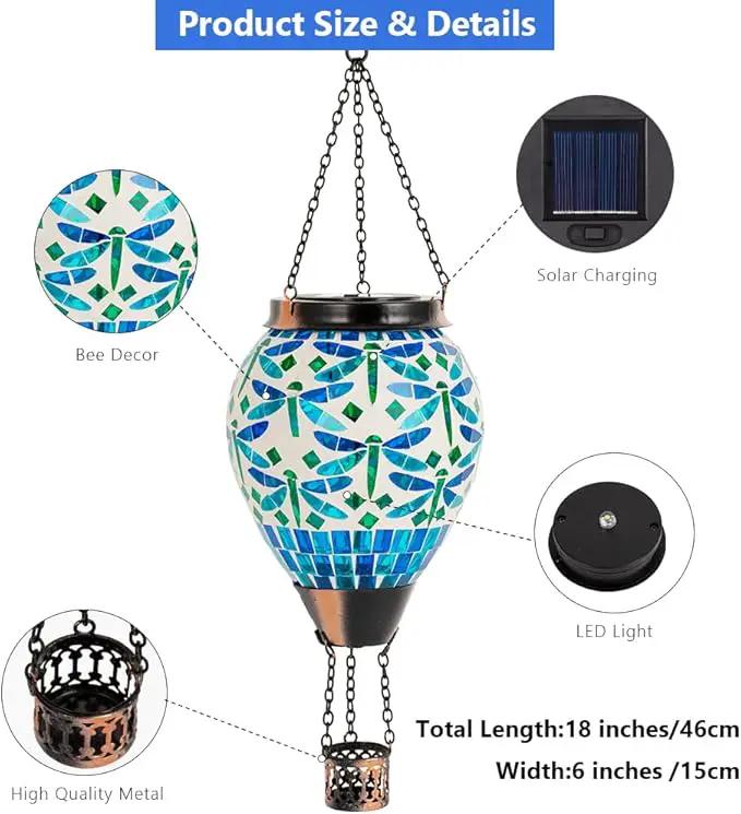 Starsoul Mosaic Dragonfly Hot Air Balloon Solar Lantern Glass Outdoor Hanging Hot Air Balloon Solar Flickering Flame Light Waterproof Garden Patio Yard Party Decorations by GreenHaven Gardens