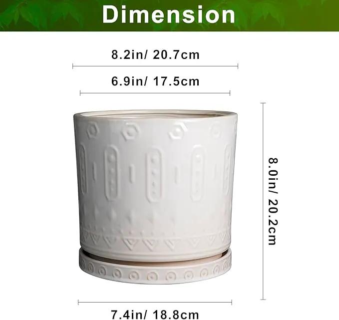 Ceramic Planter for Indoor Plants - 8 Inch Plant Pot Outdoor Flower Pot with Drainage Holes and Saucer Modern Round Planter Succulent Pot for Home Garden Decor White by GreenHaven Gardens