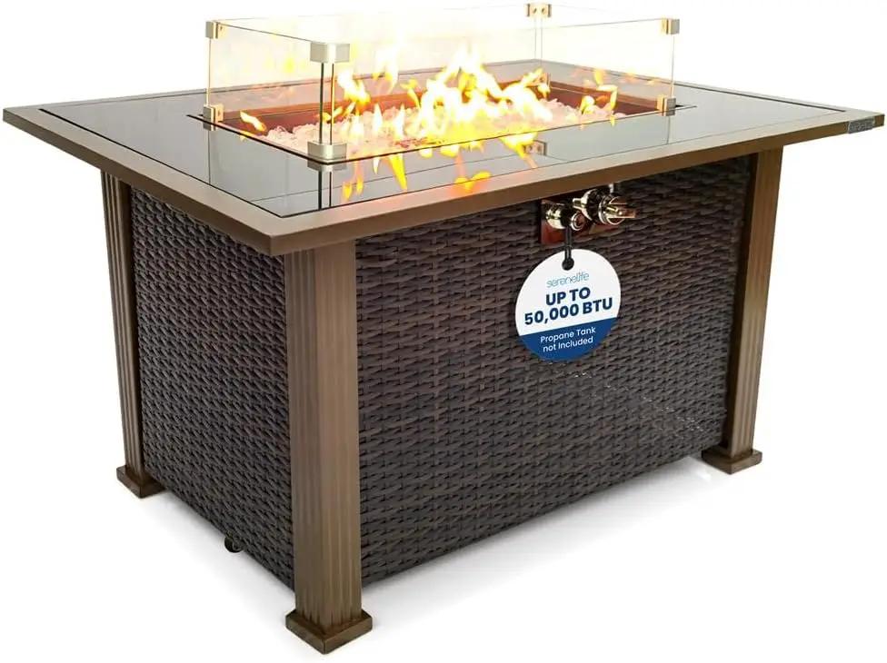 SereneLife 43.5-Inch Outdoor Propane Fire Pit Table – 50,000 BTU, Tempered Glass Wind Guard, Sliding Door, Auto-Ignition, Stainless Steel Burner, Waterproof Cover – Ideal for Patio, Garden & Backyard by GreenHaven Gardens