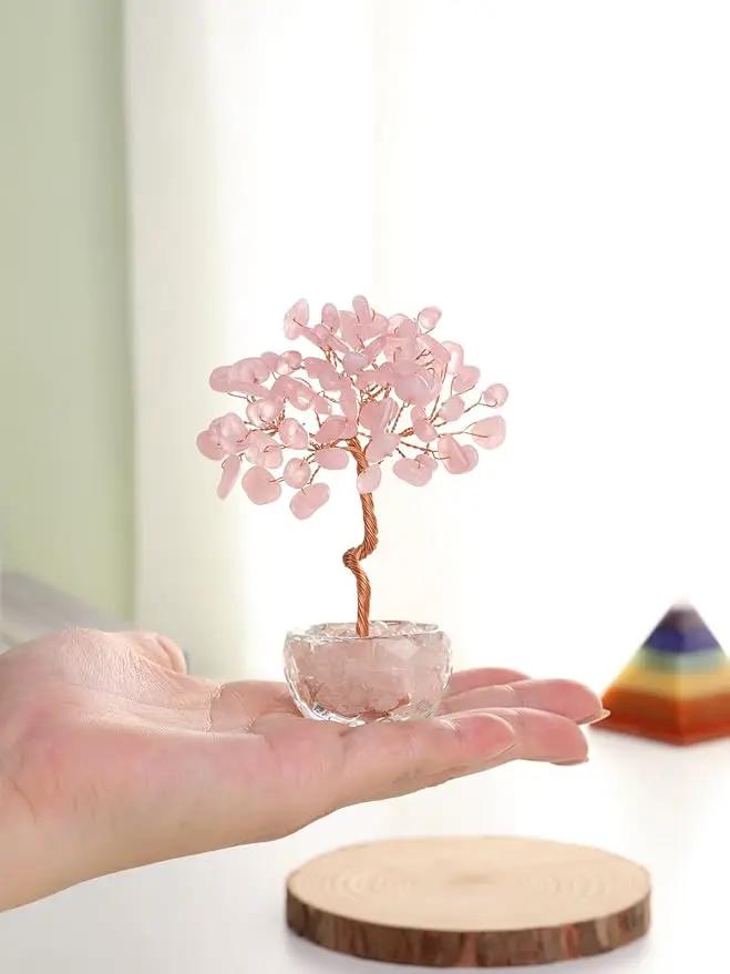 Jovivi Small Rose Quartz Crystal Tree, Natural Crystal Healing Stones Tree Glass Bowl Base Gemstone Money Trees Feng Shui Good Luck Home Desk Decor by GreenHaven Gardens