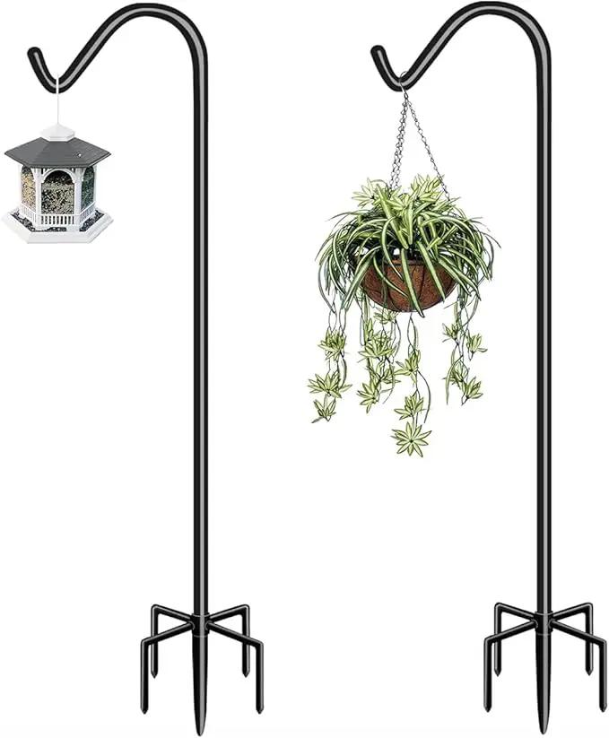 Garbuildman 60 Inch Tall Shepherd Hooks with 5-Forked Base, Adjustable Heavy Duty Bird Feeder Pole Stand Hanger for Outdoor, Shiny Black, 2 Pack by GreenHaven Gardens