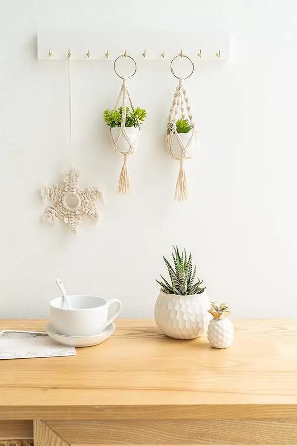 Mkono Mini Macrame Plant Car Accessories Rear View Mirrior Charm Cute Hanging Rearview Car Decor Boho Hanger with Artificial Succulent Plants Gifts for Plant Lover Set of 2, White by GreenHaven Gardens