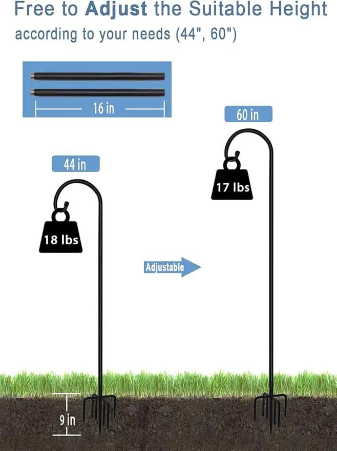 60 inch Outdoor Shepherd Hook with 5 Prong Base (2 Packs), Adjustable Heavy Duty Garden Hanging Stake for Bird Feeder Solar Light Plant Hanger Wedding Decor, Matte Black by GreenHaven Gardens