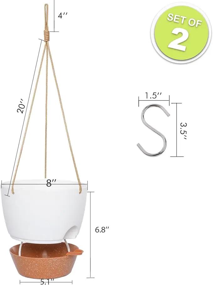 8 inch Hanging Planters, 2 Pack Self Watering Hanging Pots with 20oZ Deep Reservoir for Indoor Outdoor Plants Flowers, White with Brown by GreenHaven Gardens