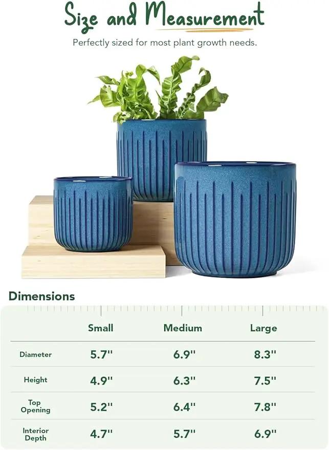 LE TAUCI Fluted Ceramic Planters Set of 3 – 8.3/7 / 5.7 in Ocean Blue Reactive Cylinder Indoor Plant Pots with Drainage Plug & Mesh, Glossy Stoneware Flower Pots for Succulents Herbs by GreenHaven Gardens