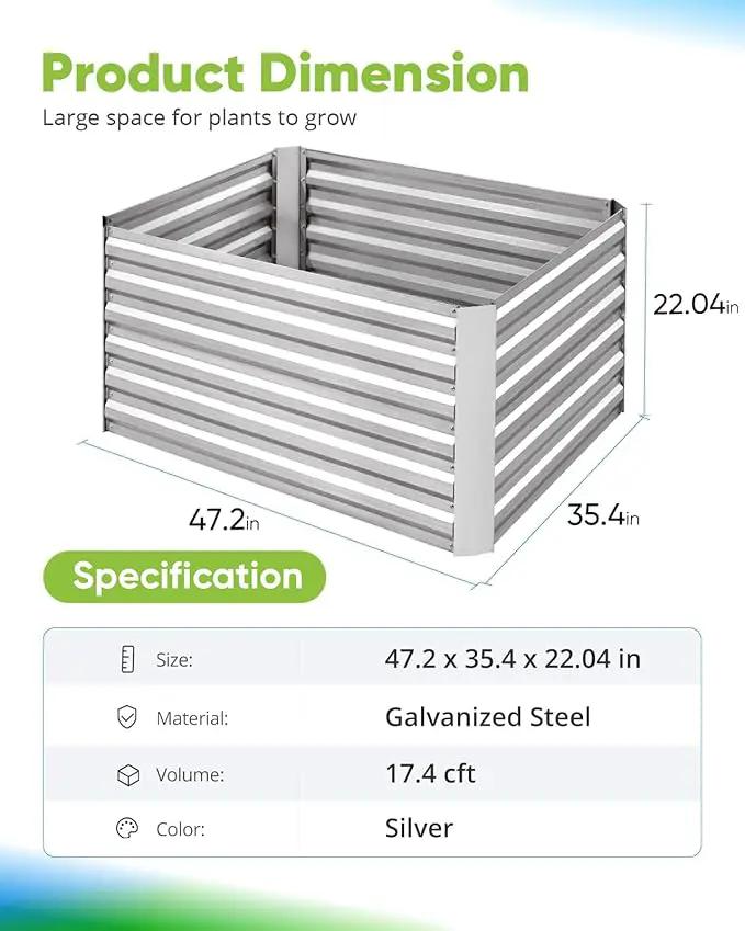 Quictent Galvanized Raised Garden Bed 4x3x2ft Tall Garden Bed Extra Height 22.4" Hold 24cft Soil Outdoor Heightened Planter Box for Deep Root Vegetables Herbs Tomato Cage Included, Silver by GreenHaven Gardens