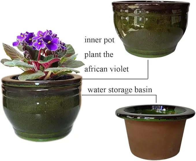 African Violet Pots Self Watering Round Ceramic Violet Pot (Olive drab, 6 inch) by GreenHaven Gardens