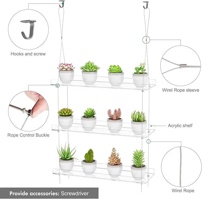 3-Tier Clear Hanging Window Plant Shelves 16In, Height Adjustable Acrylic , Indoor Windows Wall Hanging Plant Stand Flower Display, Flower Pot Organizer Storage for Grow Herbs, Microgreens, Succulents by GreenHaven Gardens