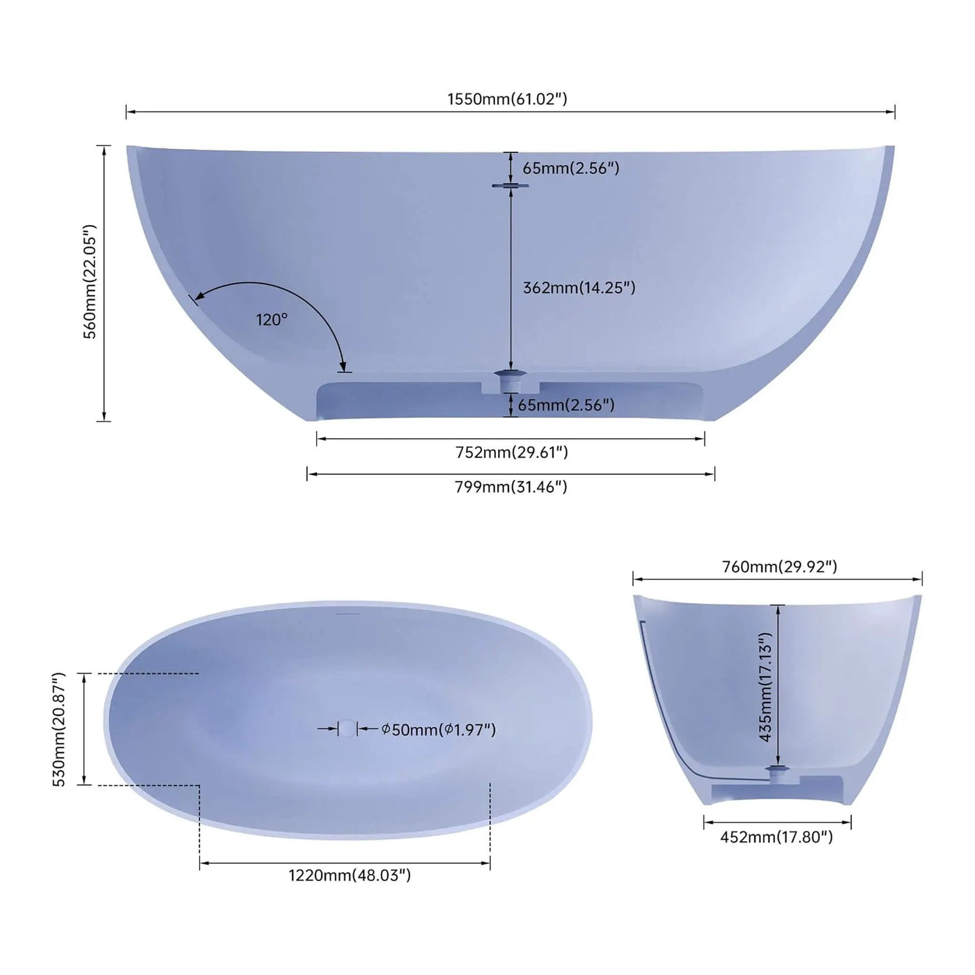 [61X29.5-Inch] Freestanding Modern Oval Stone Resin Soaking Tub With Overflow Drain (SAK40125) by SAKSBY WHOLESALE