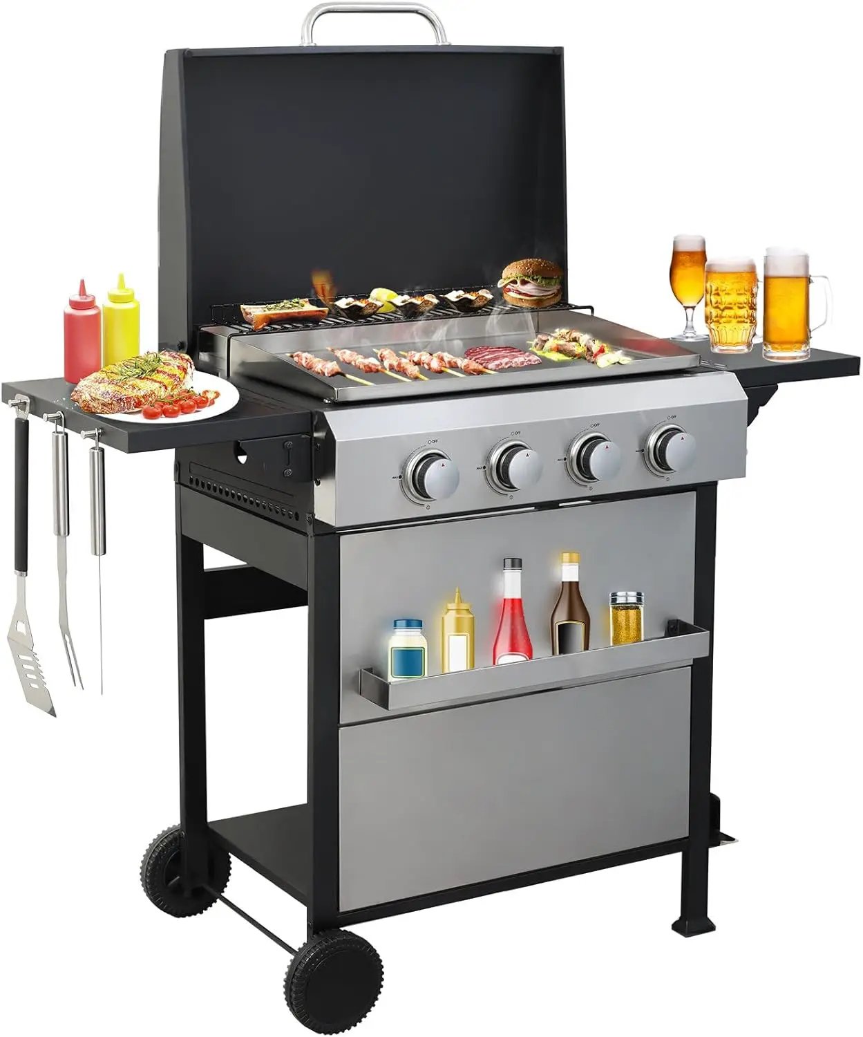 4 Burner Propane Grill with Built-in Thermometer, Durable Lid, Wheels, Foldable Side Tables, Stainless Steel Grilling Pan, 49,200 BTU Gas Grill for Patio, Garden Barbecues by GreenHaven Gardens
