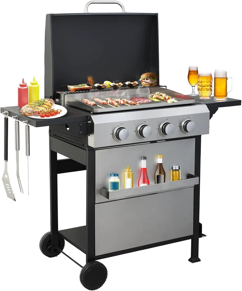 4 Burner Propane Grill with Built-in Thermometer, Durable Lid, Wheels, Foldable Side Tables, Stainless Steel Grilling Pan, 49,200 BTU Gas Grill for Patio, Garden Barbecues by GreenHaven Gardens