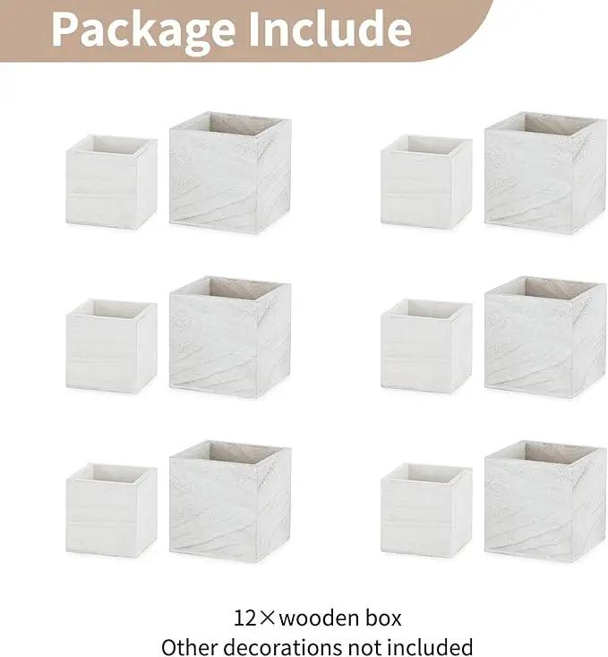 NUPTIO Wooden Box for Centerpiece Wedding: 12 Pcs Rustic Square Planter Box Farmhouse Table Fall Decor - 4×4" & 5×5" Whitewashed Small Wood Vases Flower Pots for Windowsill Home Garden by GreenHaven Gardens