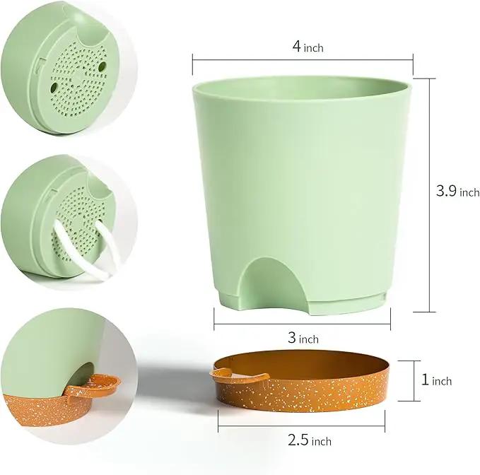 4 inch Small Plant Pots for Outdoor Indoor Plants, 5 Pack Planters with Drainage Holes and Tray, Small Self Watering Pots for Succulent,Cactus, Aloe and Other Plants (Green) by GreenHaven Gardens