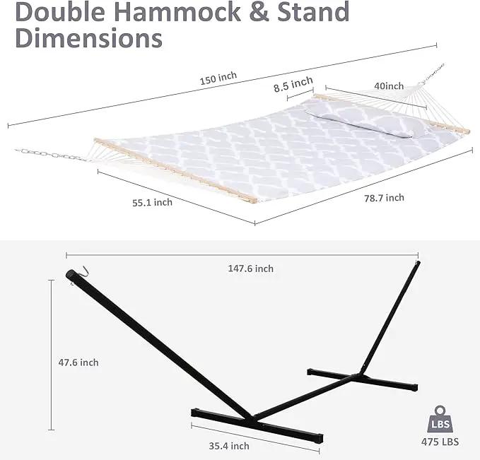 SUNCREAT Double Hammock, Extra Large Quilted Fabric Swing with Hardwood Spreader Bars & Detachable Pillow, Heavy Duty, Perfect for Indoor/Outdoor Patio, Deck, Yard, Gray Cloud by GreenHaven Gardens