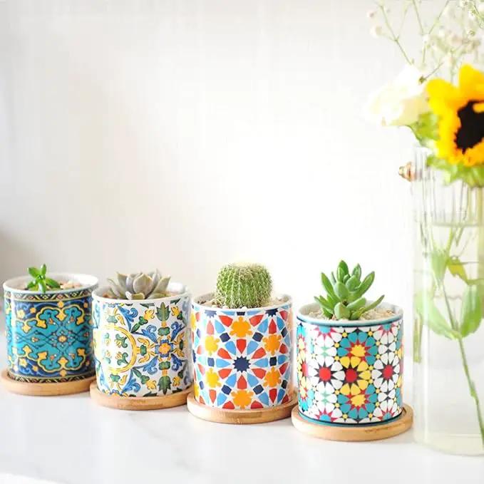 6 Pack Mandala Succulent Plant Pot with Bamboo Trays, Ceramic Multicolored Succulent Container Planter Pot for Small Plant by GreenHaven Gardens