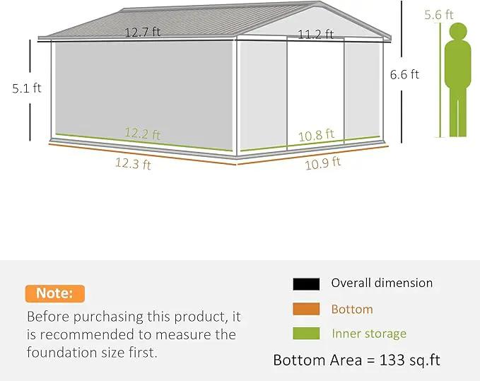Outsunny 11' x 13' Outdoor Storage Shed, Garden Tool Metal Shed with Foundation Kit, Double Lockable Door, Air Vents and Sloping Roof, for Backyard, Patio, Lawn, Dark Gray by GreenHaven Gardens