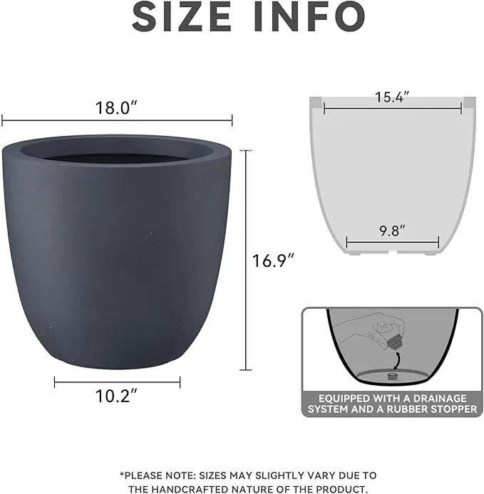 Kante 18 Inch Dia Round Concrete Planter, Indoor Outdoor Large Plant Pot with Drainage Hole and Rubber Plug for Home Patio Garden, Charcoal by GreenHaven Gardens