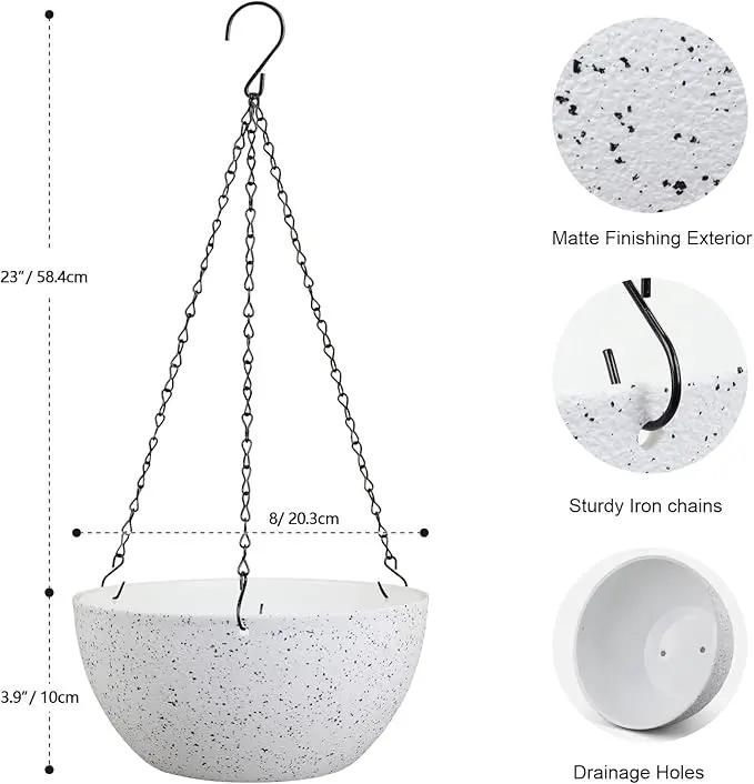 8 inch Hanging Planters for Small Indoor Outdoor Plants, 2 Pack Hanging Flower Pots with Drainage Holes and Chain for Garden Porch, Plastic Hanging Baskets for House Plants, Speckled White by GreenHaven Gardens
