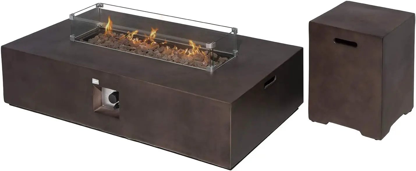 COSIEST 2-Piece Outdoor Propane Fire Table Set, Rectangle Concrete 56" x 28" Bronze Fire Pit (CSA Certified, 50,000 BTU) w 20lb Tank Table, Wind Guard, Waterproof Cover for Garden, Porch, Backyard by GreenHaven Gardens