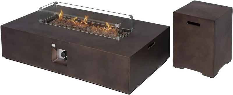COSIEST 2-Piece Outdoor Propane Fire Table Set, Rectangle Concrete 56" x 28" Bronze Fire Pit (CSA Certified, 50,000 BTU) w 20lb Tank Table, Wind Guard, Waterproof Cover for Garden, Porch, Backyard by GreenHaven Gardens