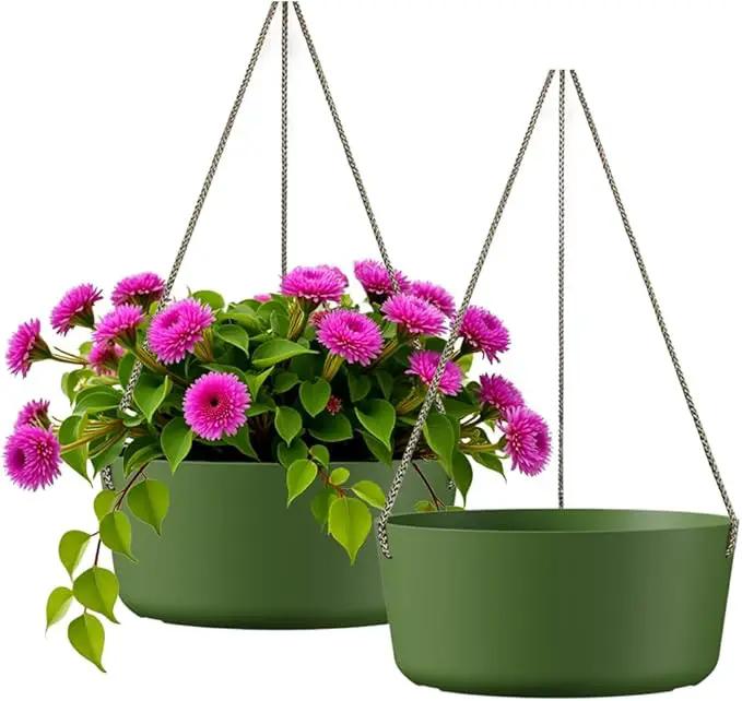 10.7 Inch Hanging Planter for Outdoor Indoor Plants，2 Pack Hanging Flower Pots with Drain Holes for Garden Home Decor Use (Dark Green) by GreenHaven Gardens