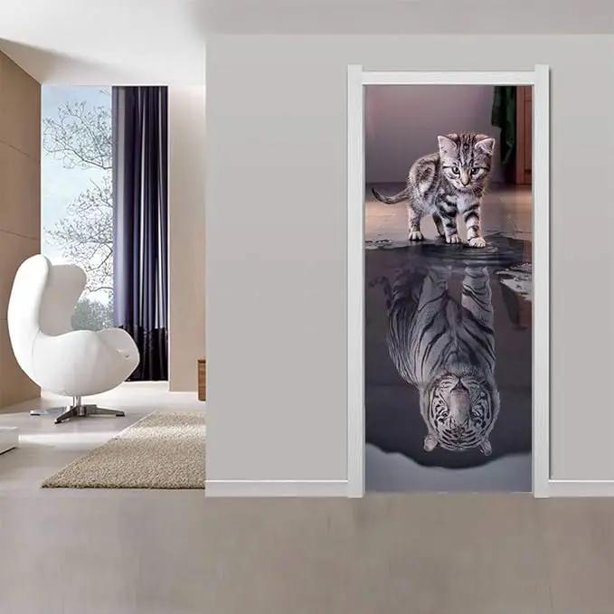 3D Cat to Tiger Transformation Door Sticker - Premium PVC, Matte Finish, White, Contemporary Style - Peel & Stick, Waterproof, Removable - 35.4" x 78.7" (2 Pieces) - For Doors, Walls by GreenHaven Gardens