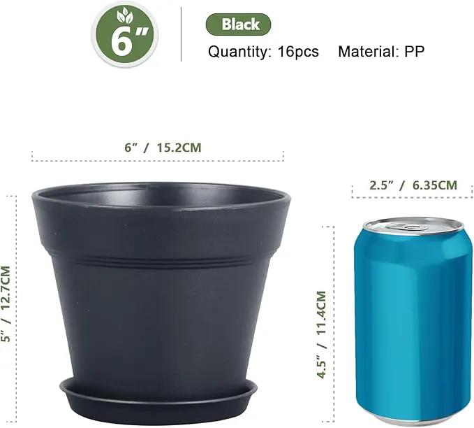 6 inch Nursery Pots, 16 Pack Plastic Plant Pots for Indoor Outdoor Plants, Flower Pots with Drainage Holes and Saucers, Decorative Seedling Starter Planters for House Plants, Black by GreenHaven Gardens