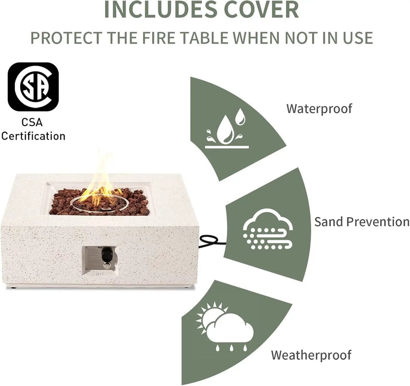 COSIEST Outdoor Propane Fire Pit Coffee Table w Square Faux Stone 35-inch Base, 50,000 BTU Stainless Steel Burner, Free Lava Rocks and Rain Cover by GreenHaven Gardens