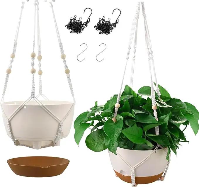 10 Inch Hanging Planters for Indoor & Outdoor Use (2 Pack) - Self-Watering & Drainage Flower Pots with Chain & Macrame Hangers (White, 10 in) by GreenHaven Gardens