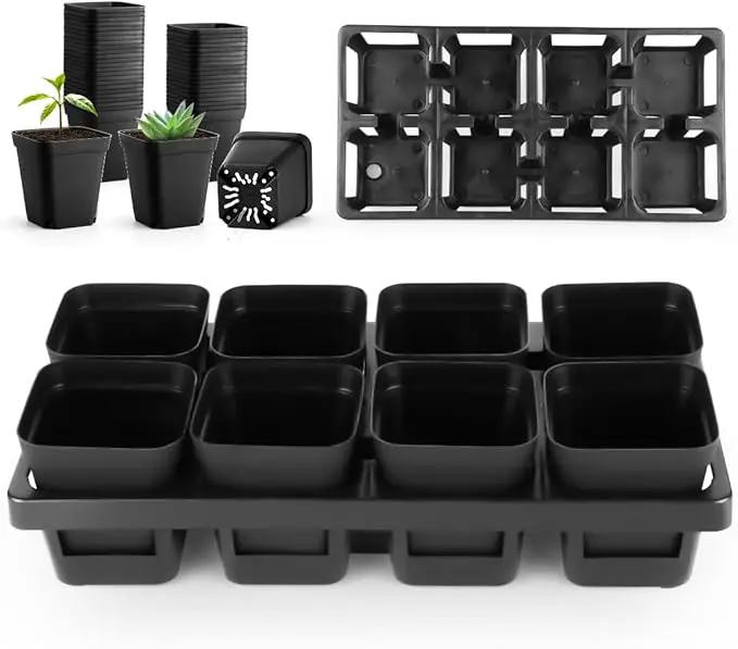 8 Cell Nursery Pots Trays 6 Pack (12" x 6"), 3 inch Square Plastic Nursery Pots 48 Pcs, Durable Carrying Seed Starter Tray, Planting Trays for Holding Small Seedling Pots with Drain Holes (Black) by GreenHaven Gardens