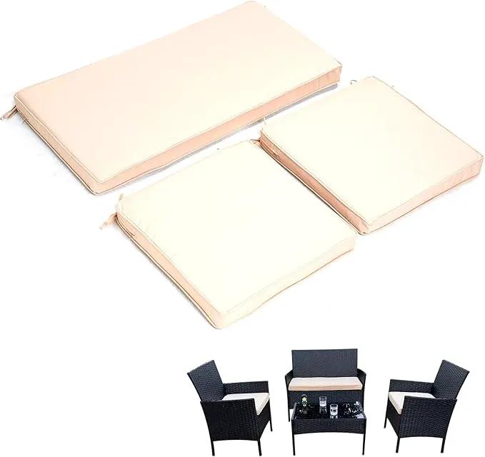 3-Pack Outdoor Patio Furniture Replacement Cushion Set–High-Elastic Sponge Cushions Fit 4-Piece Wicker Rattan Sofa, Loveseat & Chairs, 36x18x2 & 18x18x2, Waterproof, Fade-Resistant (Khaki) by GreenHaven Gardens