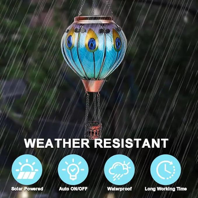 2PC Hot Air Balloon Solar Lantern with 2PC Shepherd Hook, Flickering Flame Hanging Solar Lanterns Outdoor Lights Waterproof Lanterns for Garden Patio Yard Party Decor (Peacock Feather Blue)