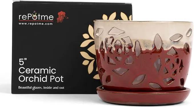 rePotme Orchid Pot - 5 inch Floral Cutout Ceramic Orchid Pot with Holes (Cream Over Garnet) - Includes Free 5 inch Slotted Pot Liner by GreenHaven Gardens
