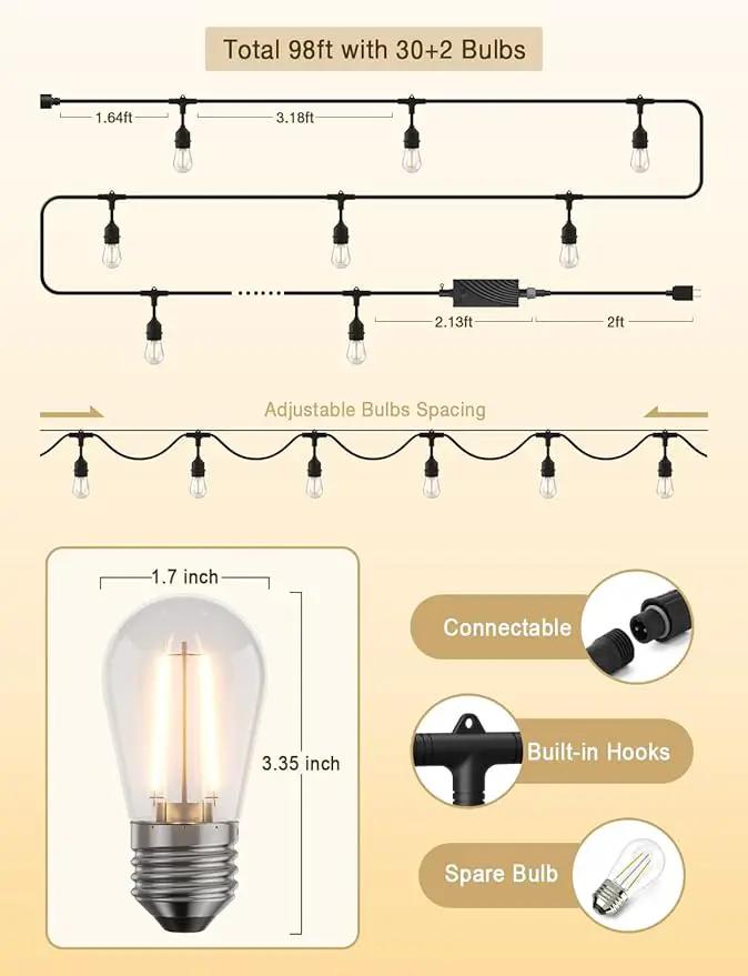 XMCOSY+ Smart Outdoor String Lights, 98Ft LED Patio Lights Waterproof IP65, App Control, Compatible with Alexa, Dimmable Edison Bulbs Outdoor Light for Yard Porch Bistro Outside by GreenHaven Gardens