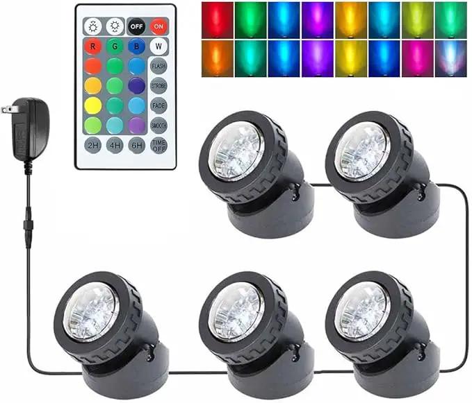 Fountain Lights with Timer, Underwater LED RGB Colored IP68 Waterproof Adjustable Submersible Pond Lights for Fish Pond Garden Lawn Yard Waterfall, 5 Lights in Set by GreenHaven Gardens