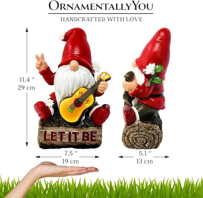 Hippy Gnome with Guitar Garden Statue, Unique Flowers and Peace Sign by GreenHaven Gardens