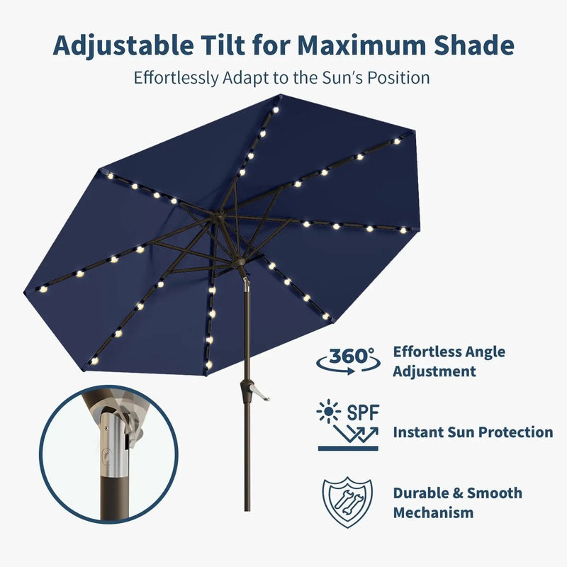 10FT Solar Umbrella 32 LED Lighted Patio Umbrella Table Market Umbrella w/Tilt and Crank, UV-Resistant Outdoor Umbrella for Pool, Garden, Deck, Navy Blue by GreenHaven Gardens