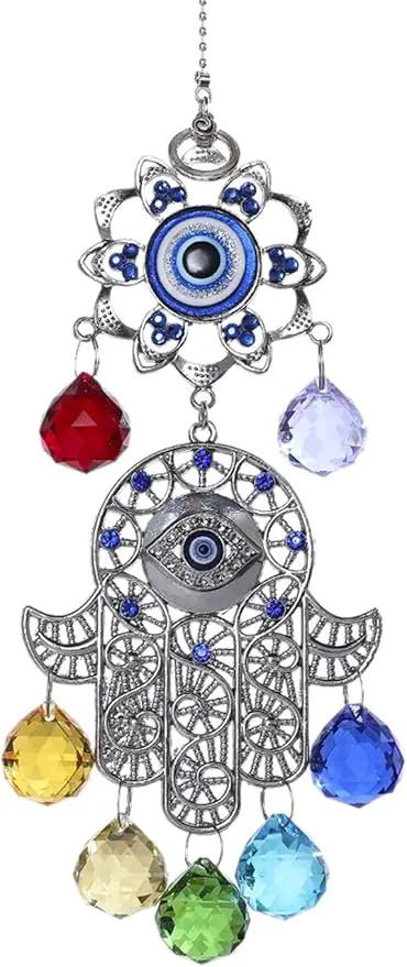 Hamsa Hand with Blue Evil Eye Protection Hanging Crystal Ornament with Chakra Energy Crystal Balls by GreenHaven Gardens